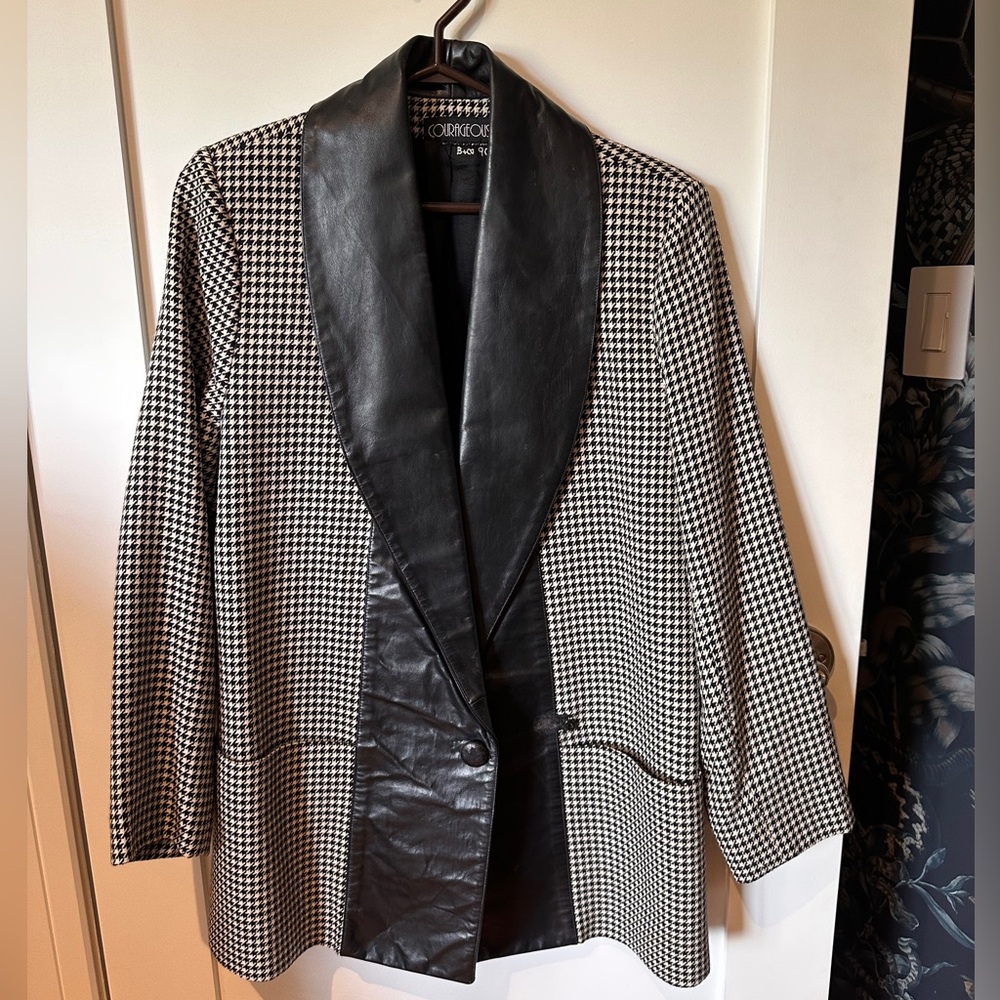 Houndstooth With Leather Trim Blazer